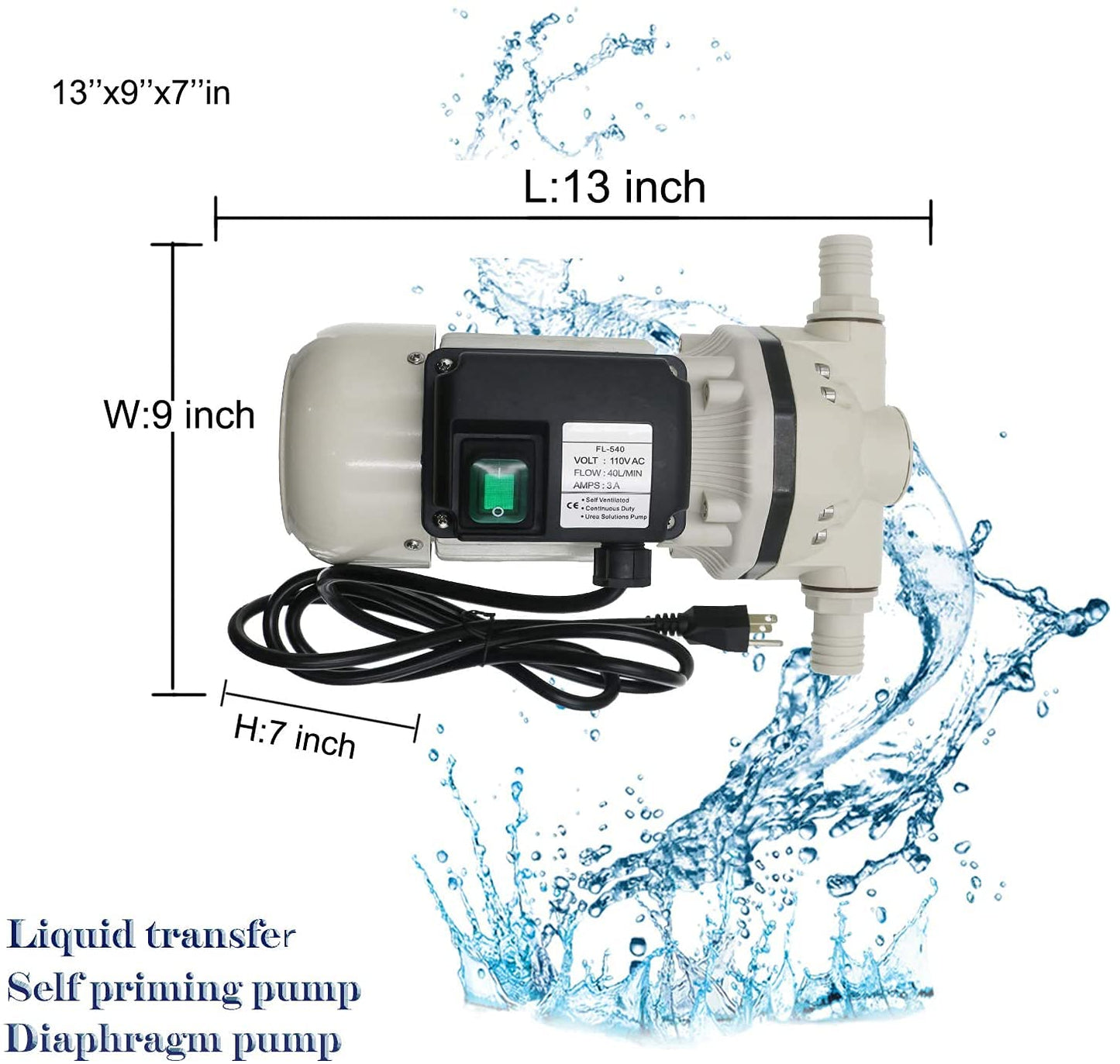 TDRSUPER Diaphragm Irrigation Pump Industrial Electric Water Pressure Pump Self-priming 110VAC, 10.6 GPM, 23PSI, 14.3lb, Lift 11m, Power 350W