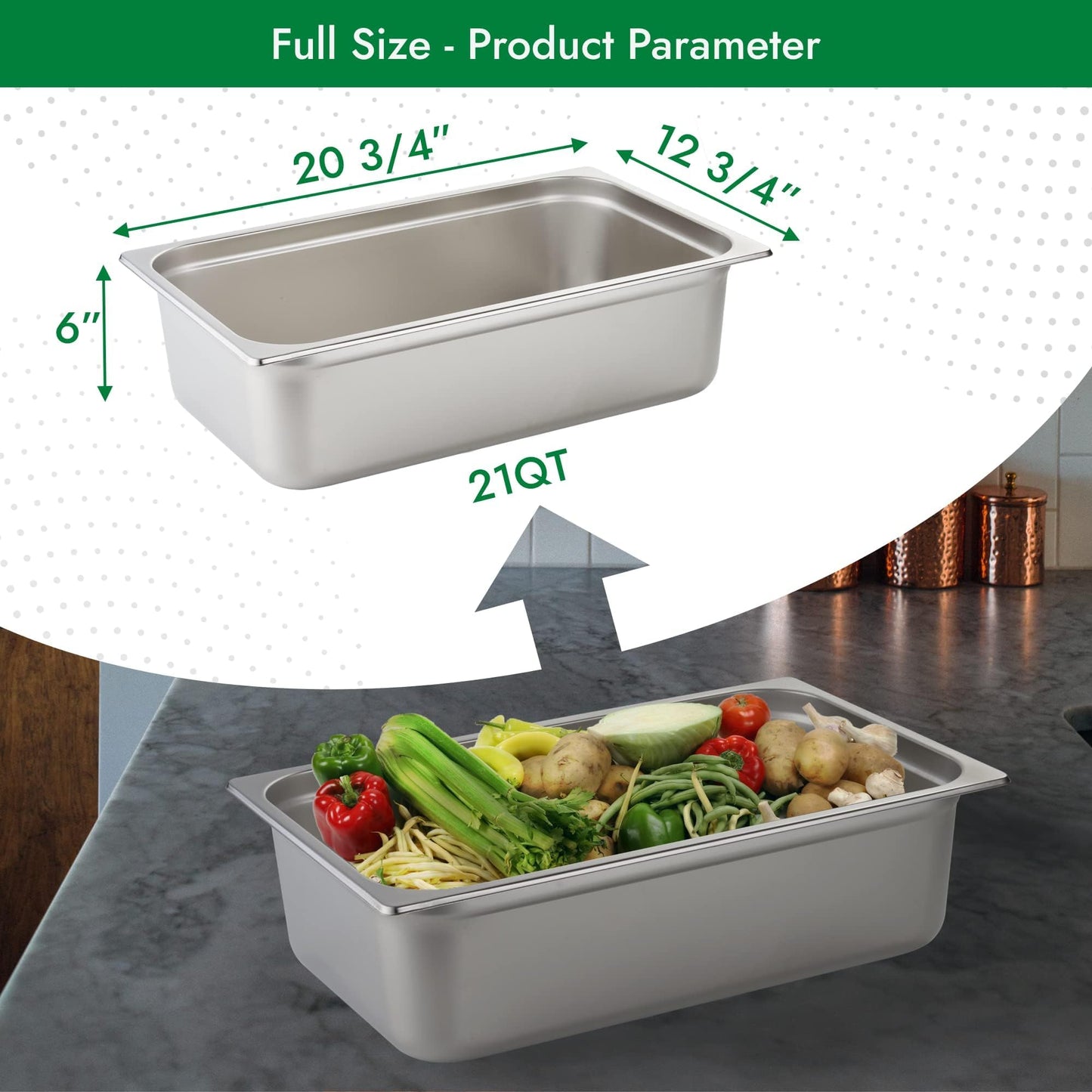 HECMAC 6 Pack Anti-Jam Hotel Pans, Full Size 6 Inch Deep, Commercial Stainless Steel Chafing Steam Table Pan, Catering Storage Metal Food Pan, 23 Gauge