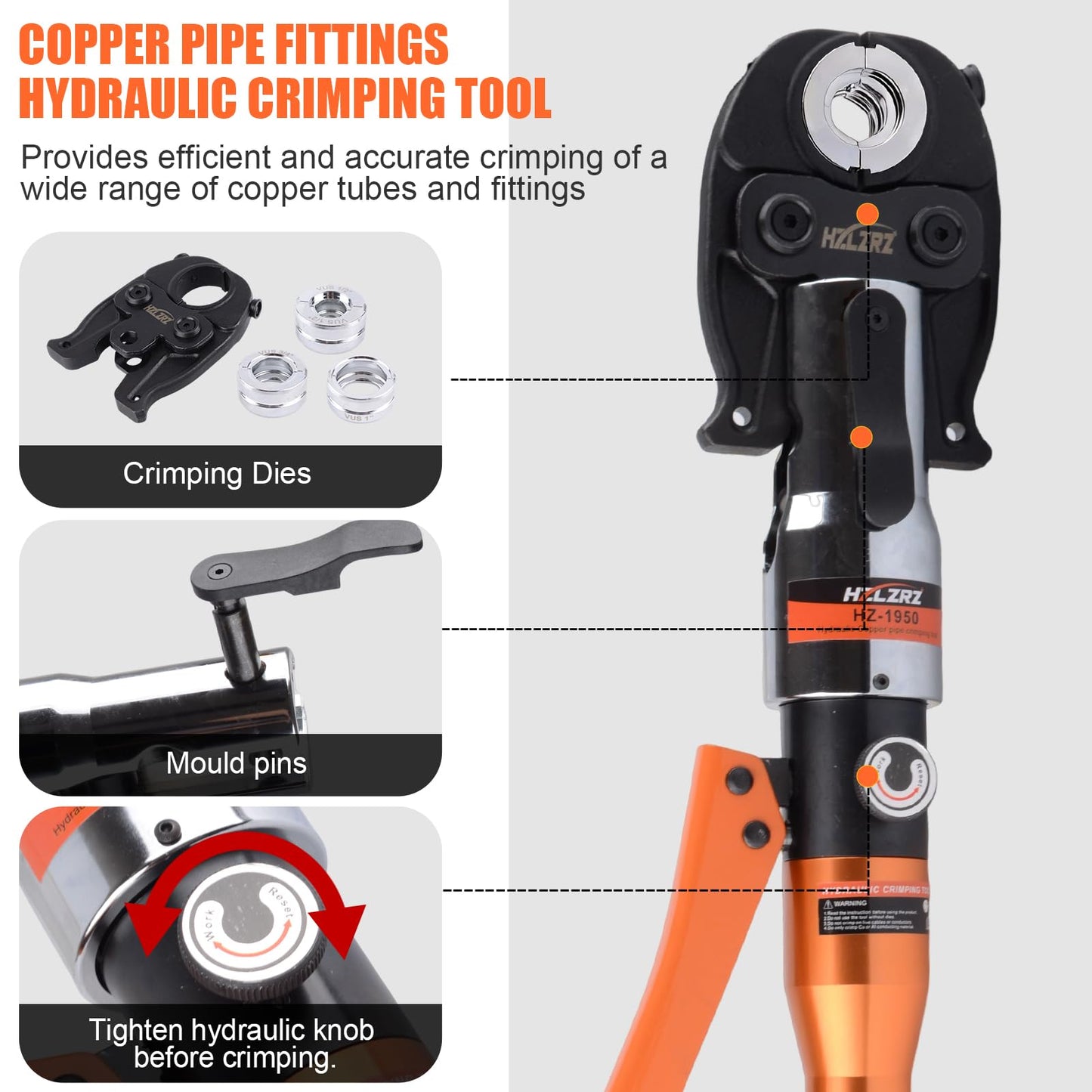 HZLZRZ ProPress Tool Copper Tube Fittings Hydraulic Copper Pipe Crimping Tool with 1/2,3/4 and 1 inch Jaws and Stainless Steel Pipe Cutter and Deburring Tool,Suit for Narrow Space and Tee Fittings