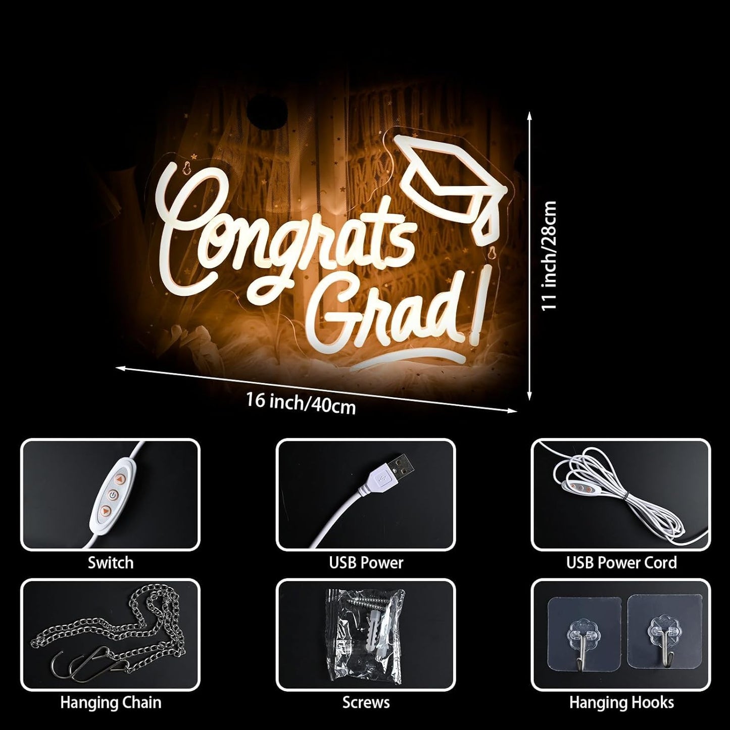 Skiennix Congrats Grad Neon Sign - Graduation Cap Design | 16"x11" Warm White LED Light for Class of 2026 Celebrations