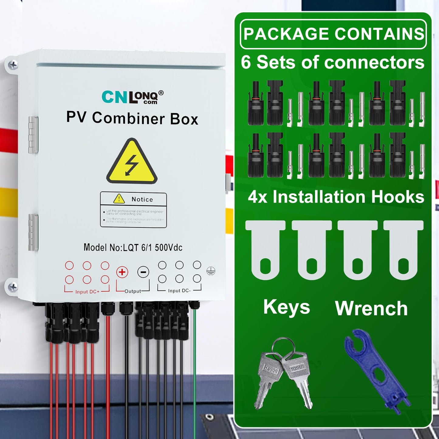 CNLonQcom 6 Strings Metal Solar PV Combiner Box DC500V 100A Circuit Breaker with Surge Protector, 15A Fuses and Radiator, Outdoor IP66 Waterproof for Solar Panels System