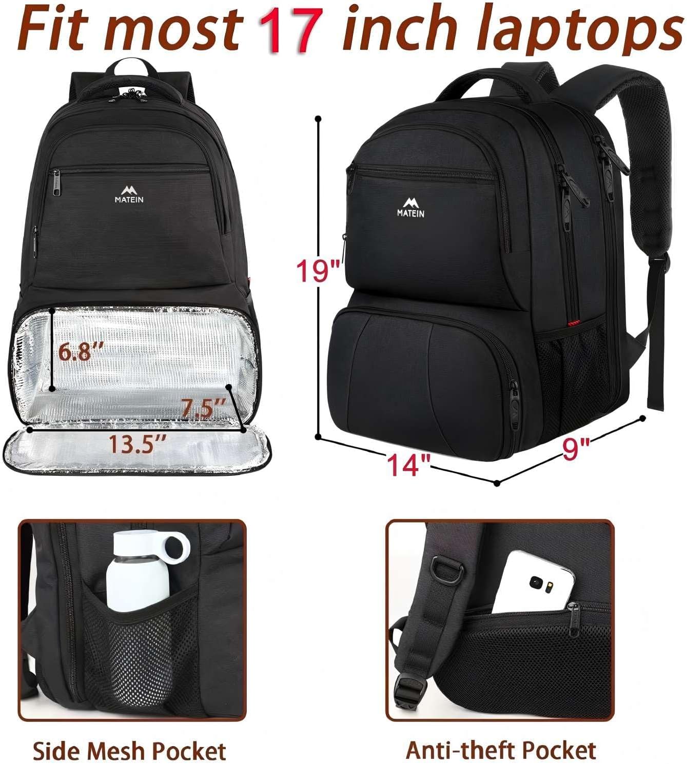 Backpack 17 Inch Backpack Pack Backpacks MATEIN Lunch for Men, Insulated Cooler with Lunch Compartment, Water Resistant