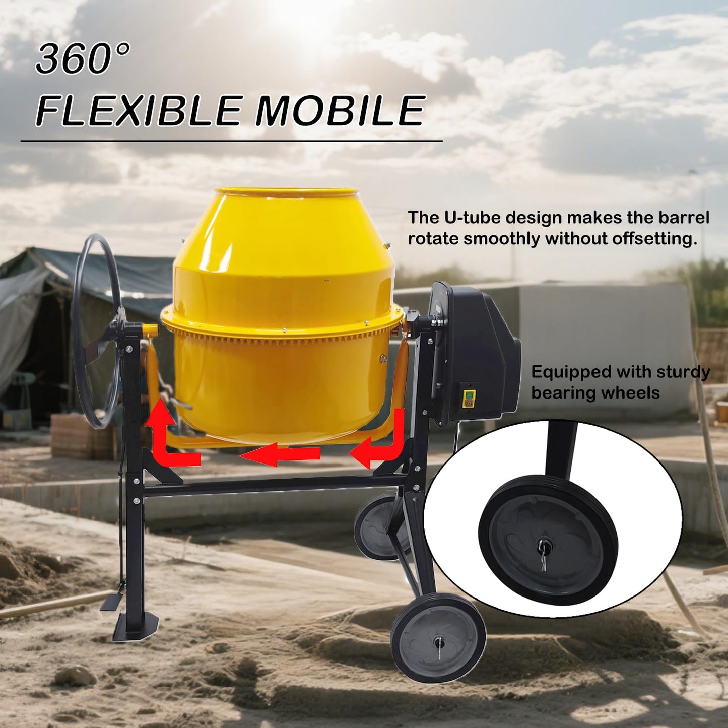 HayWHNKN 8.48 Cu.Ft Electric Concrete Mixer 360° Rotation Portable Concrete Cement Mixer with Wheels 1000W Steel Drum