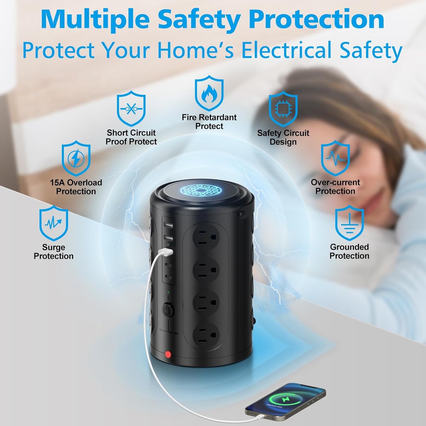 UWIWUTEI 16 5 (2 6FT Tower Power Strip Surge Protector with Outlets and USB Ports USB-C), Extension Cord with Multiple