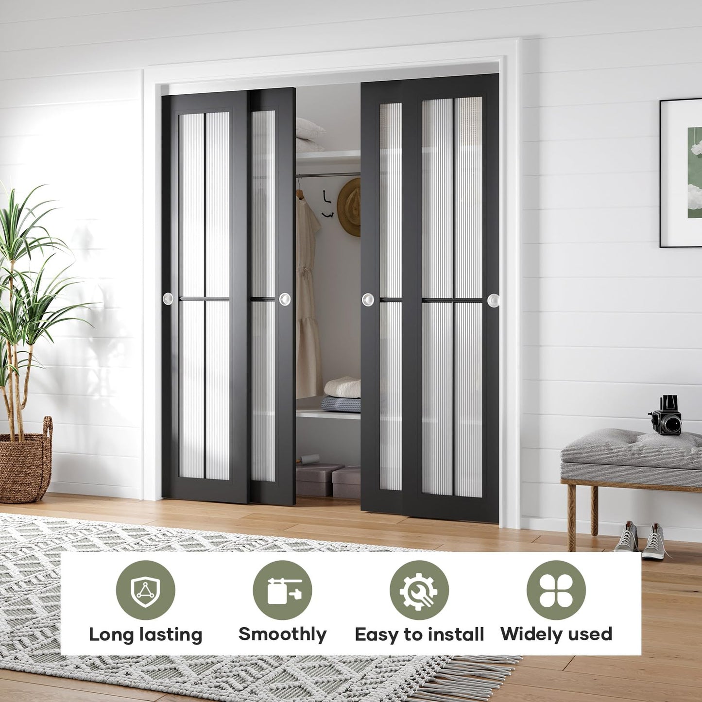 EaseLife 8FT/96in Bypass Double Sliding Pocket Door Hardware Kit,Commercial Grade,Aluminum,Bypassing Closet Doors Track for 4 Door System,Slide Smoothly Quietly,Easy Install,No Door