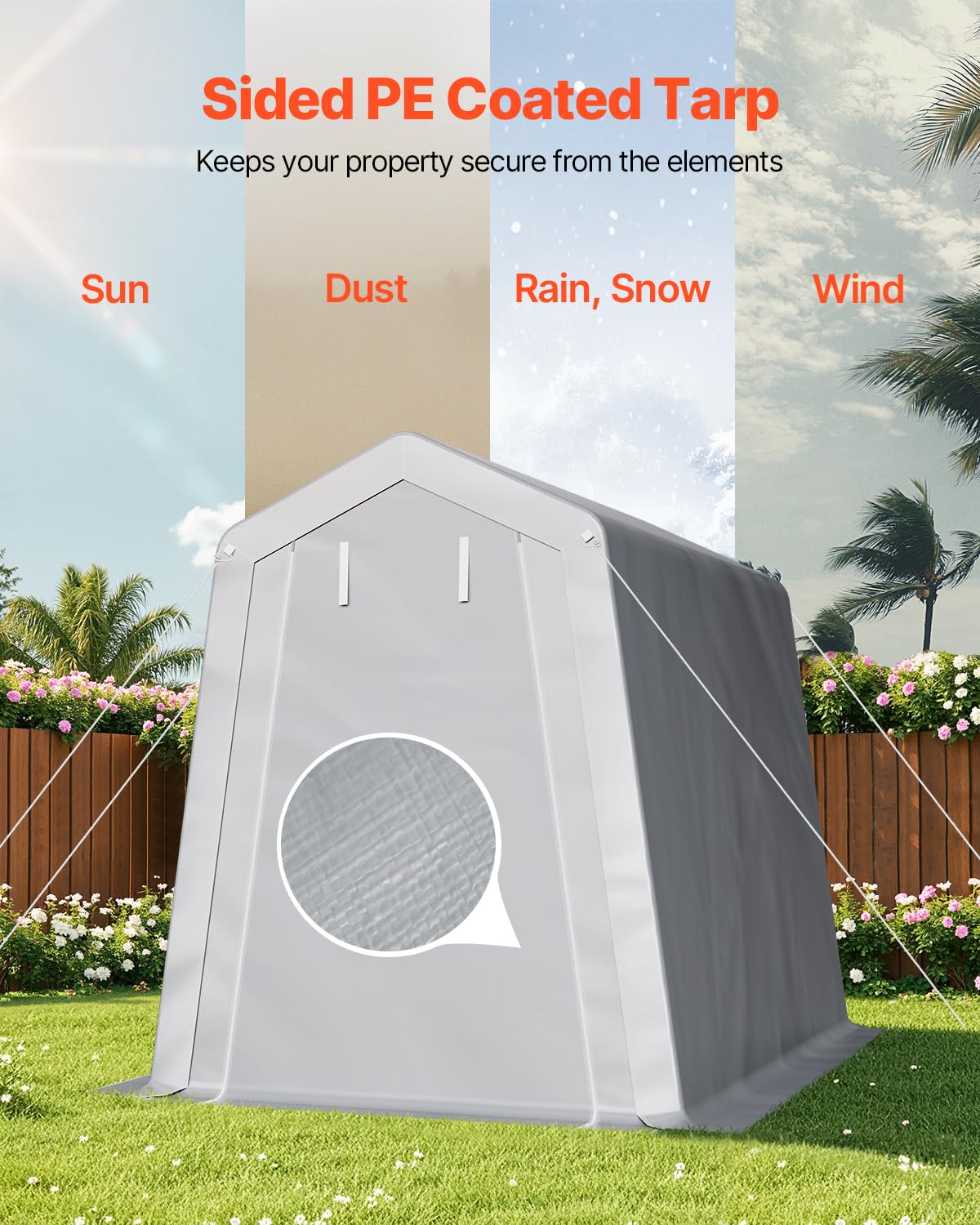 VEVOR 6x8x7 FT Heavy-Duty Portable Outdoor Storage Shed Tent, Waterproof Carport Garage Shelter with Roll-Up Zipper Door & Vents, UV-Resistant Canopy for Motorcycle, Bike, Lawn Mower, Tools, Gray