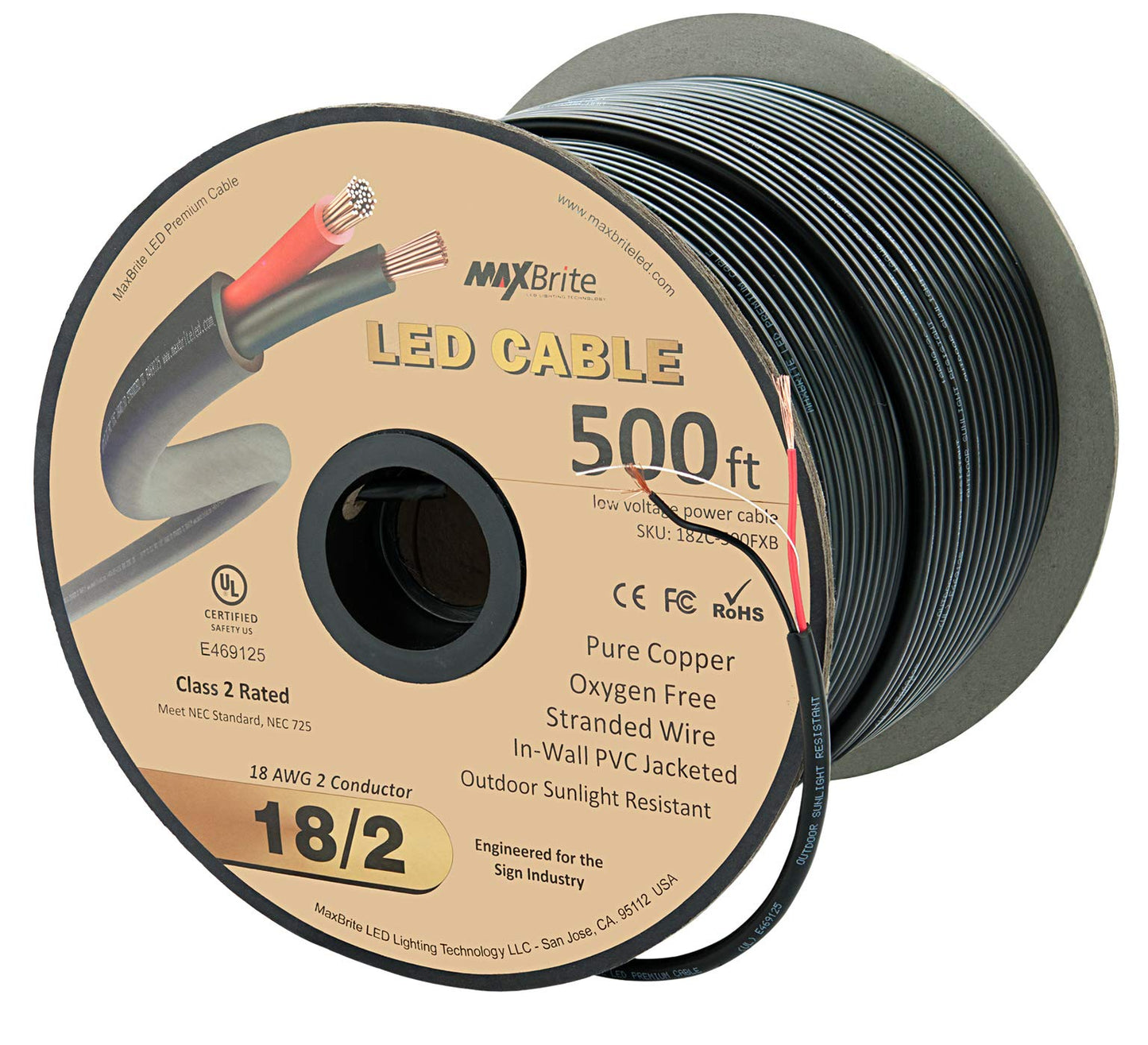 500 ft. 18AWG Low Voltage LED Cable, 2 Conductor, Outdoor Rated, Black Sleeve in-Wall Speaker Wire UL Certified Class 2, Sunlight Resistant