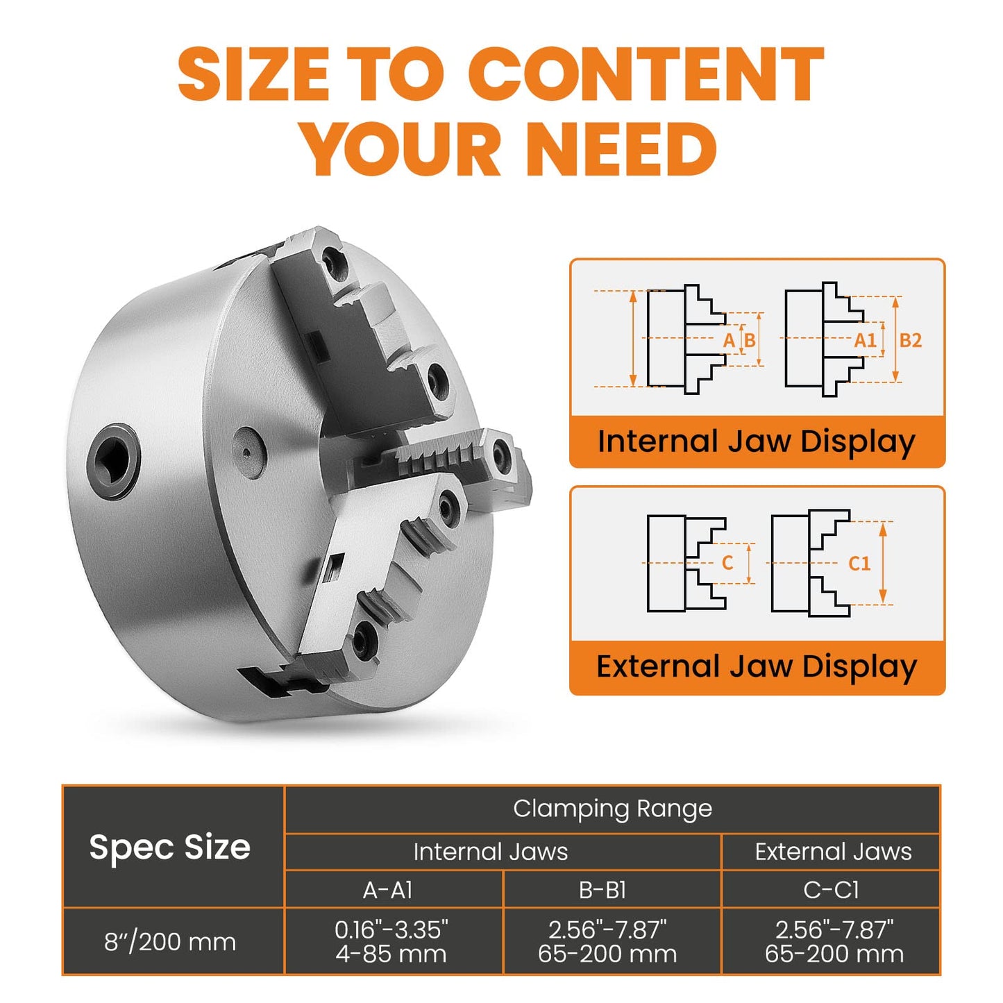 maXpeedingrods 8" 3-Jaw Lathe Chuck K11-200A, Self-Centering Hardened Steel Chuck High Precision with T-Key Mounting Bolts, 180mm Bolt Circle 65mm Center Hole for Metal Lathe Milling Drilling Machine
