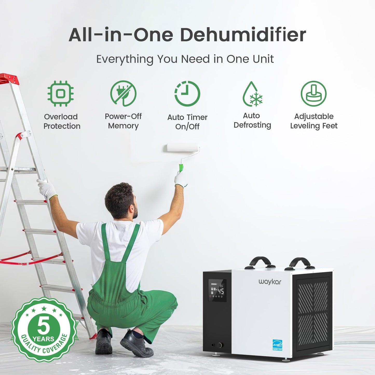 Waykar 70 Pint Energy Star Crawl Space Dehumidifier with Drain Hose for Basements, Commercial & Water Damage Spaces up to 5000 Sq. Ft., Compact, Strong Dehumidification, 5-Year Quality Coverage