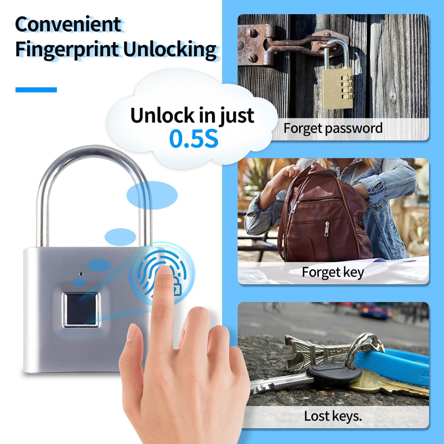 KENRONE Fingerprint Padlock with Emergency Key, IP66 Waterproof and Rustproof, Outdoor Indoor Universal Smart Lock for Warehouses, Gym, Schools, Homes, Office Cabinets(Sliver-Plus)