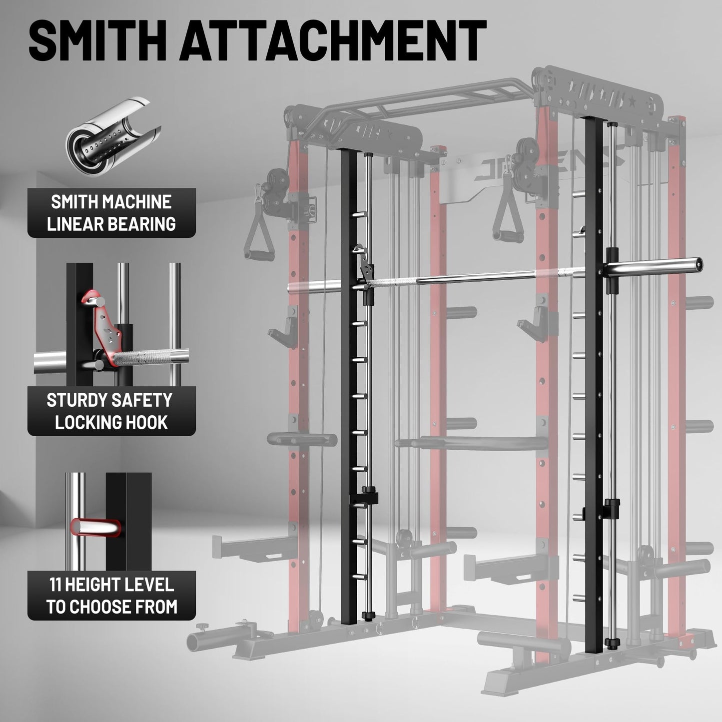 JELENS Smith Machine for Home Gym, Multi-Function M12 Power Cage, Squat Rack with Smith Bar and More Attachment (Red, Weight Bench Package)
