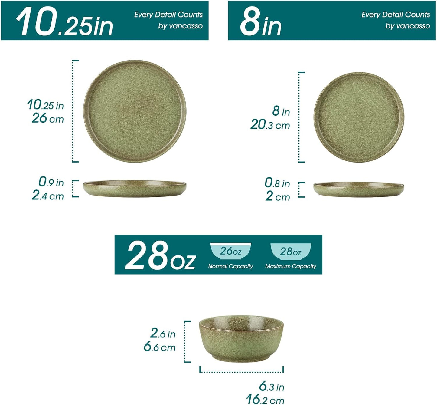 Vancasso ZERMATT Dinnerware Set for 8 - 24 Pieces Scratch Resistant Stoneware | Dishwasher & Microwave Safe, Green