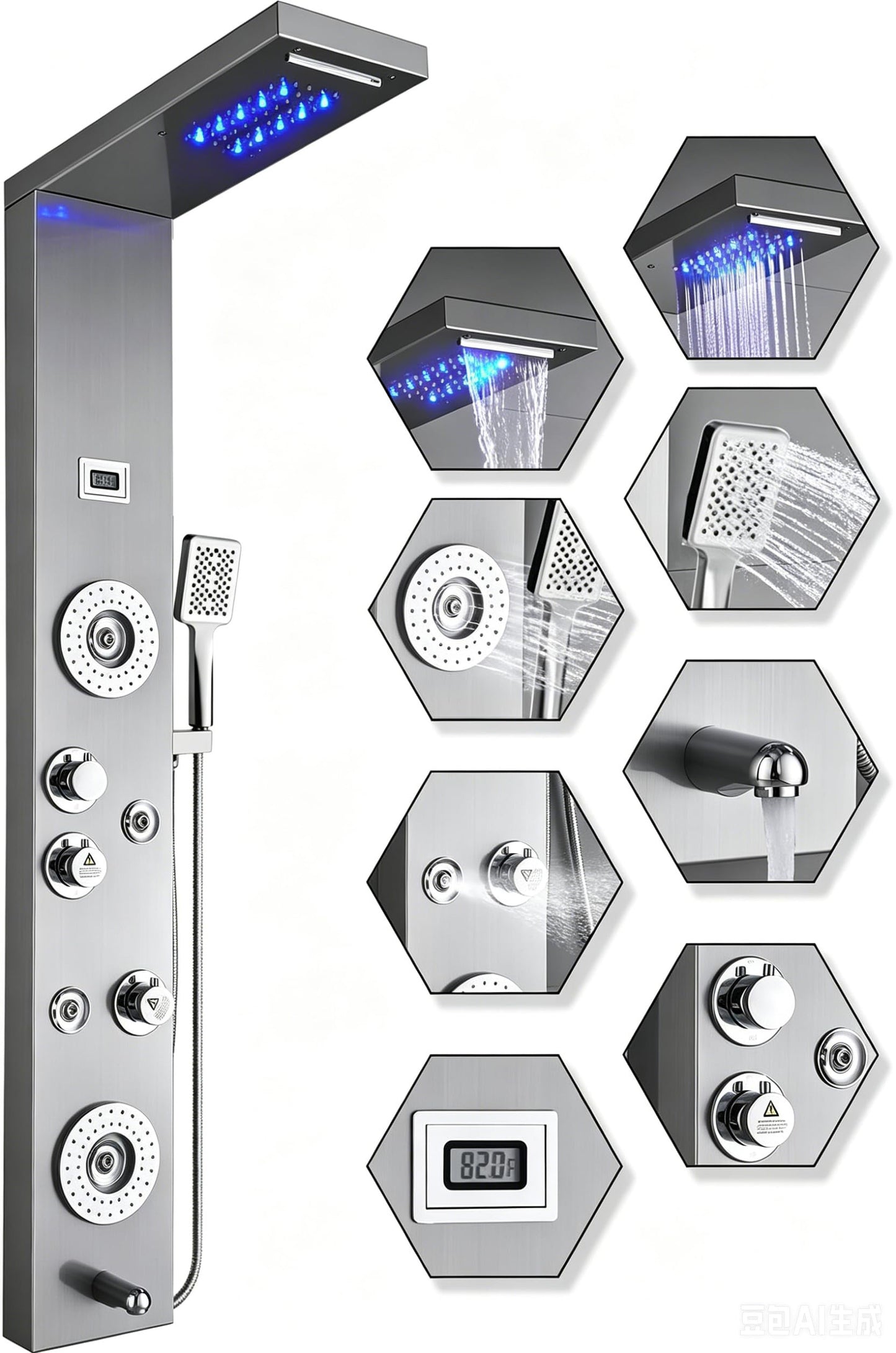 ELLO&ALLO Stainless Steel Shower Panel Tower System,LED Rainfall Waterfall Shower Head 6-Function Faucet Rain Massage System with Body Jets, Brushed Nickel