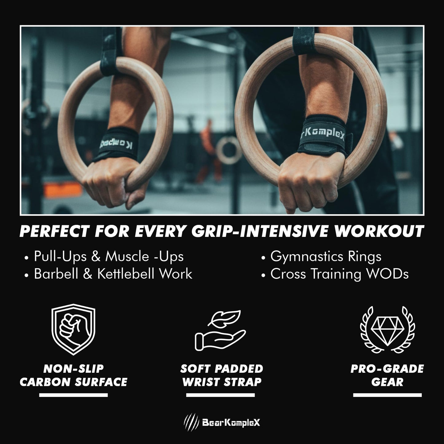Bear KompleX No Hole Carbon Hand Grips - Non-Slip Fingerless Gymnastics Grips for Weight Lifting, Pull-ups & Cross Training | Lightweight, Padded Wrists & Foldable Grip.