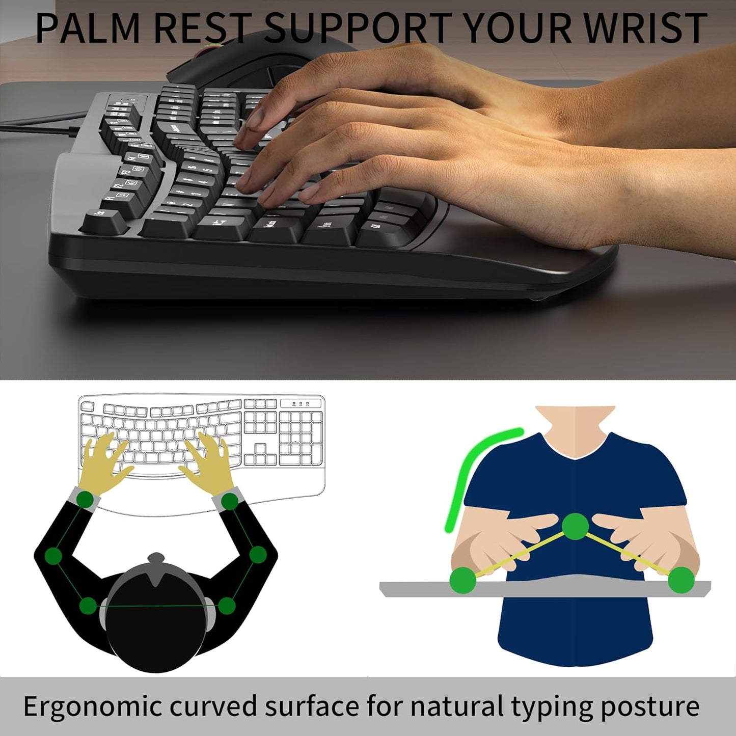 RECCAZR Ergonomic Keyboard, Wired Computer USB Keyboard with Wrist Rest, Spill-Resistant, Wave Keys for Natural Typing