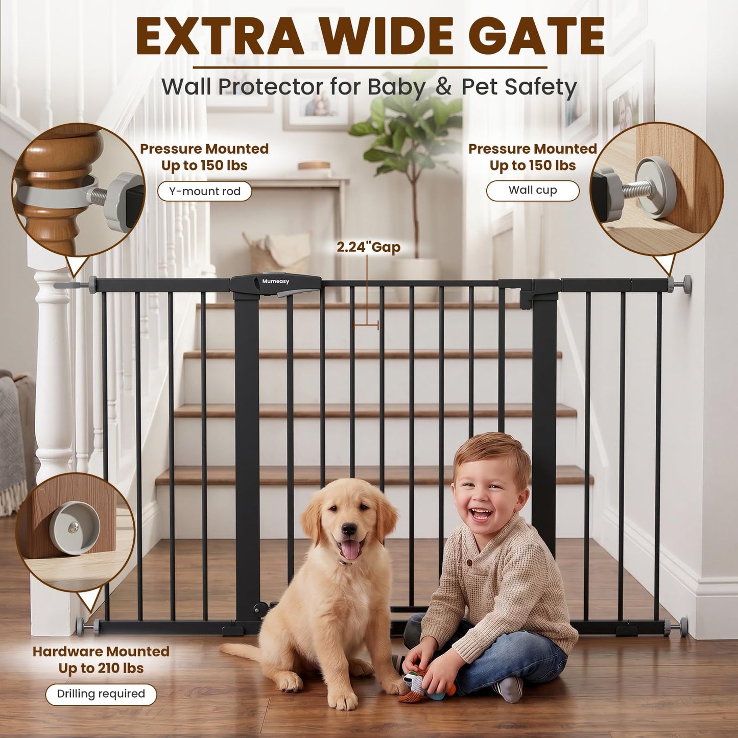 Mumeasy Baby Gate Extra Wide, 29.7-51'' Pressure Mounted Dog Gate with Walk Thru Door, Auto Close Pet Gate for House, Stairs, Doorways,Black