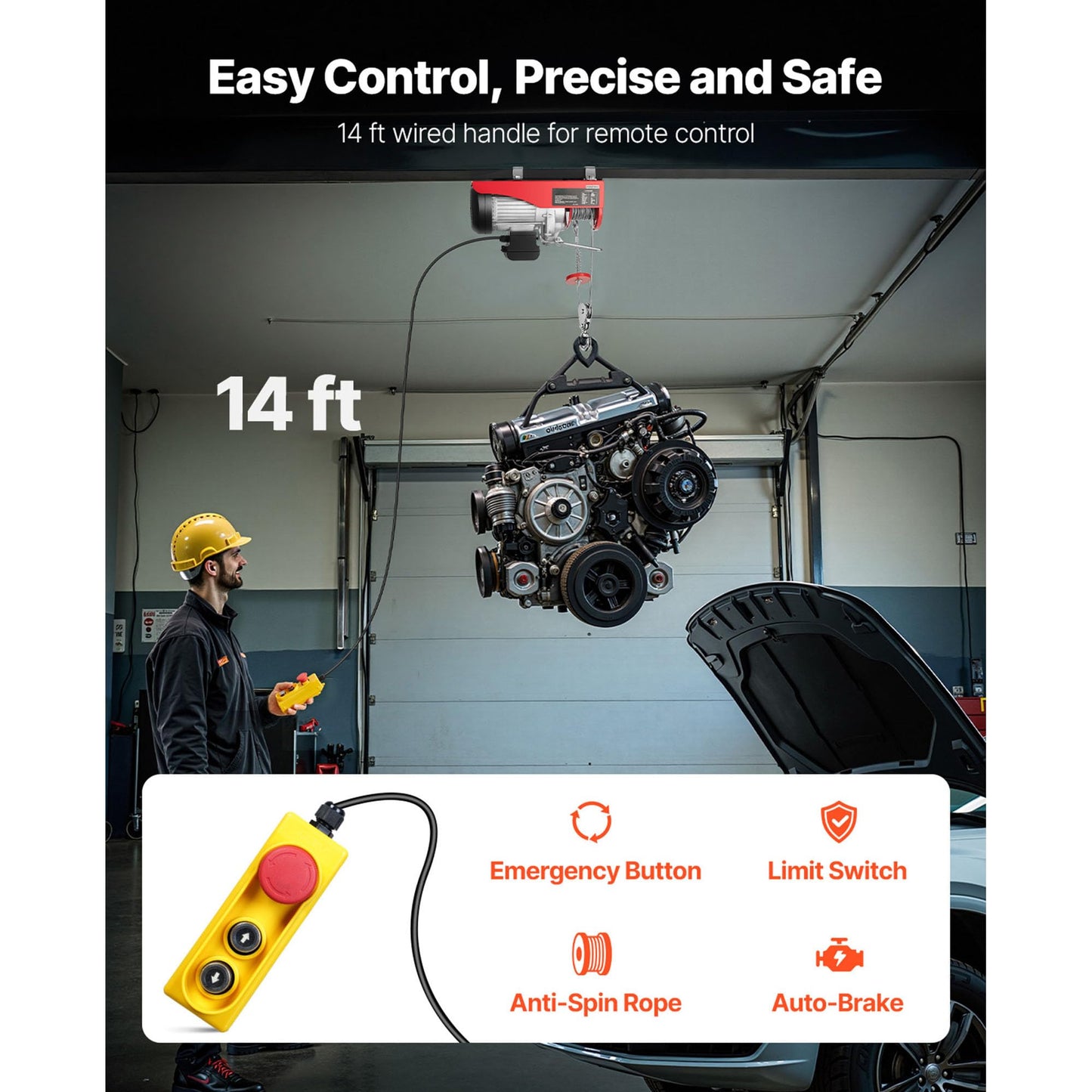 Happybuy Electric Hoist, 2200 lb Overhead Crane Garage w/Steel Hook, Remote Control & Emergency Stop Switch Ceiling Pulley Winch for Warehouse, Construction, Goods Lifting, 110V Red, 2200Lbs
