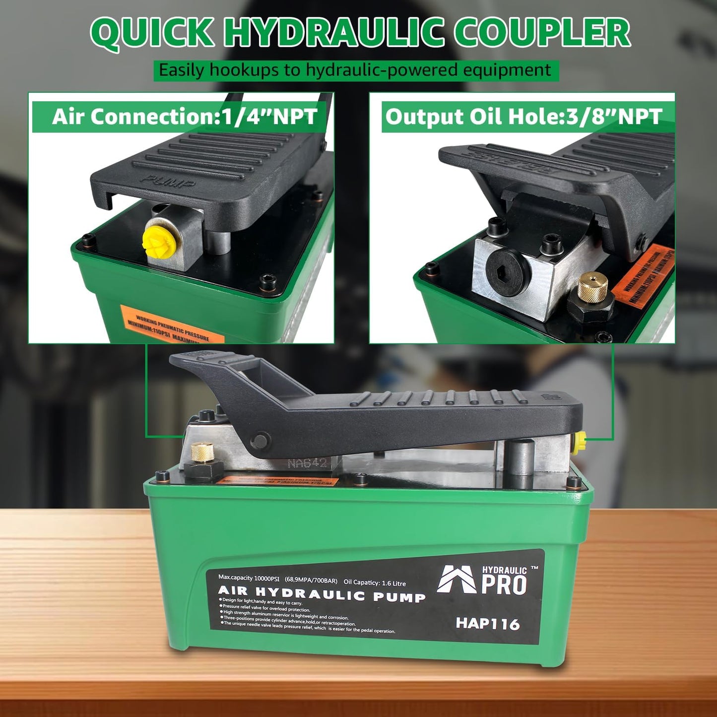HYDRAULIC PRO 10,000 PSI Air Hydraulic Pump, 1.6L Reservoir, NPT 3/8" Oil Outlet, NPT 1/4" Inlet, Foot Pedal Operated, for Auto Body Frame Machines, Hydraulic Press, and Hole Punch, Green