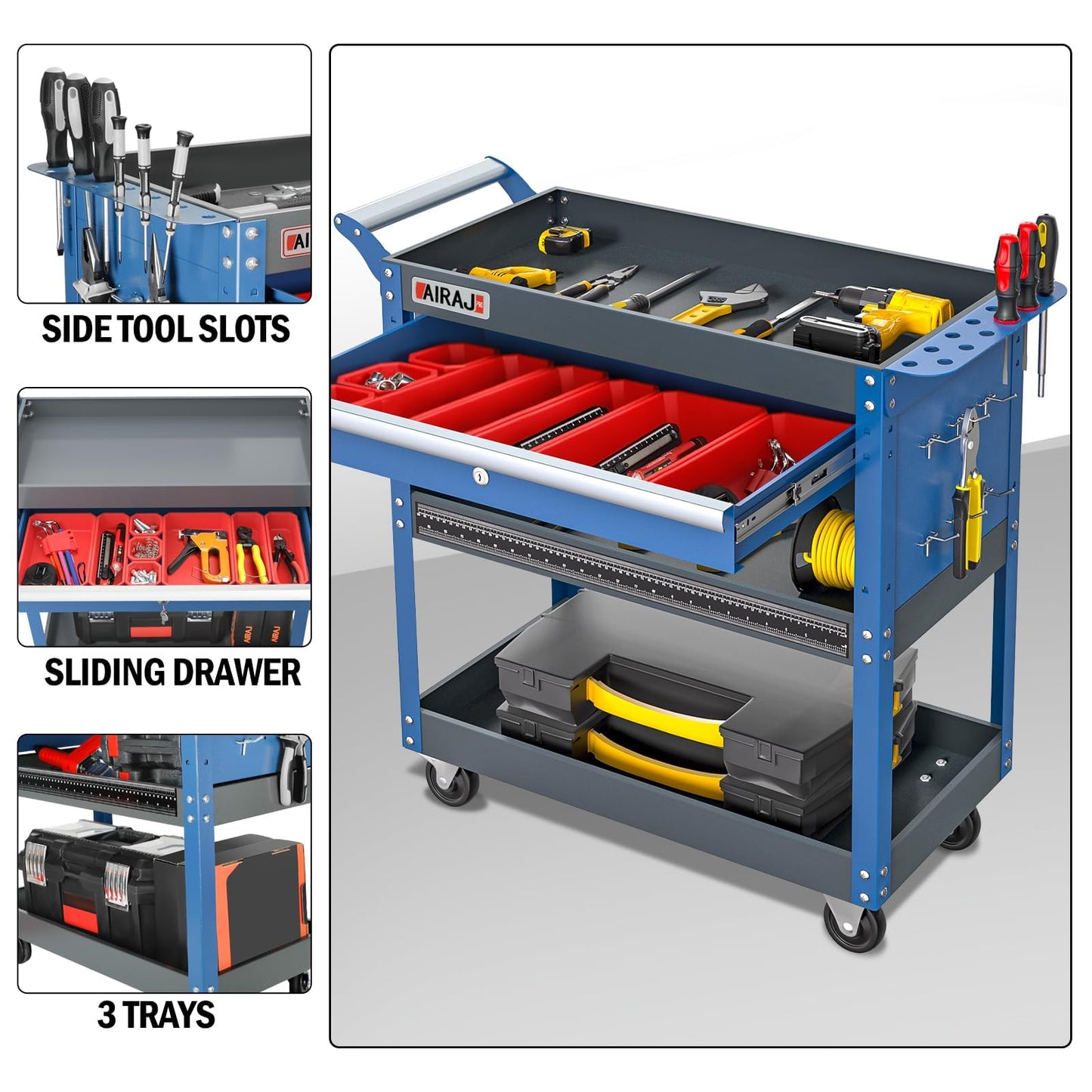 AIRAJ PRO Tool Cart,440LBS Service Cart,4-Tier Tool Cart on Drawers,Hooks,Parts Box and Locking System for Warehouse,Garage,Workshop