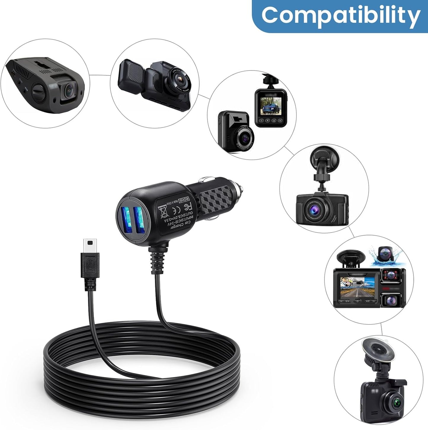 YEAOI R2-4K, V1 V1P V5 V3 Mini USB Dash Cam Power Cord for Rove Car Charger Cable for Rexing Pro Car Dashboard Camera