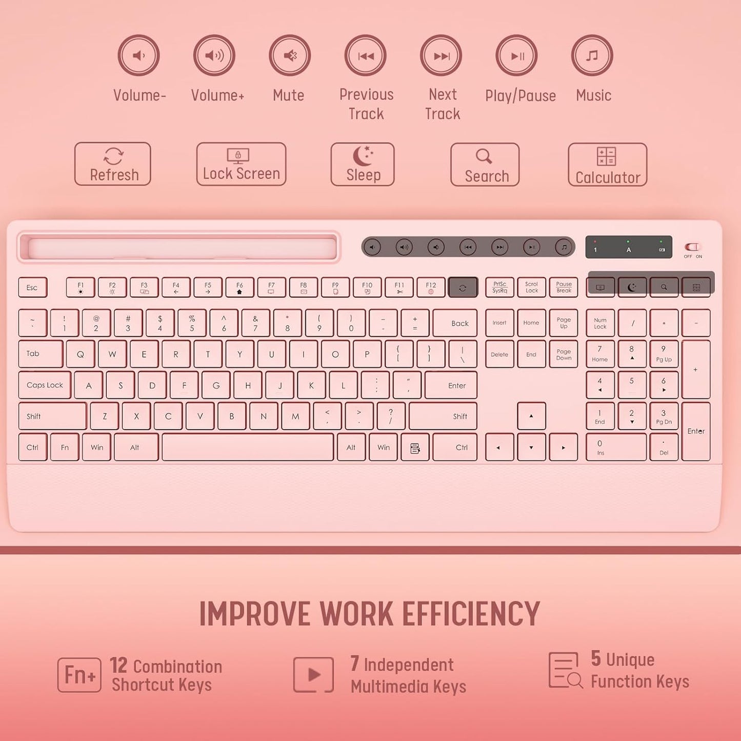 Trueque 2.4G Set Pink Keyboard and Mouse Wireless, Lag-Free Cute Keyboard Combo with Ergonomic Wrist Rest, Phone Holder