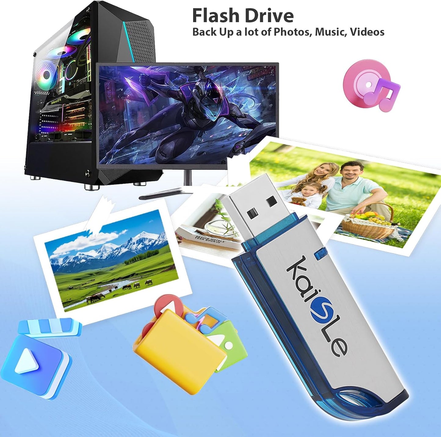 KAISLE 64GB 64 2.0 USB Flash Drive, External USB Flash Memory Storage Thumb Drive, Portable Flashdrive with Keychain
