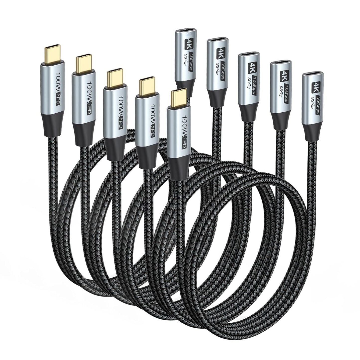 1FT Pack 5, 10Gbps 100W Small USB C Extension Cable of Short USBC Extender Cord, USBC Male to Female PD Charging