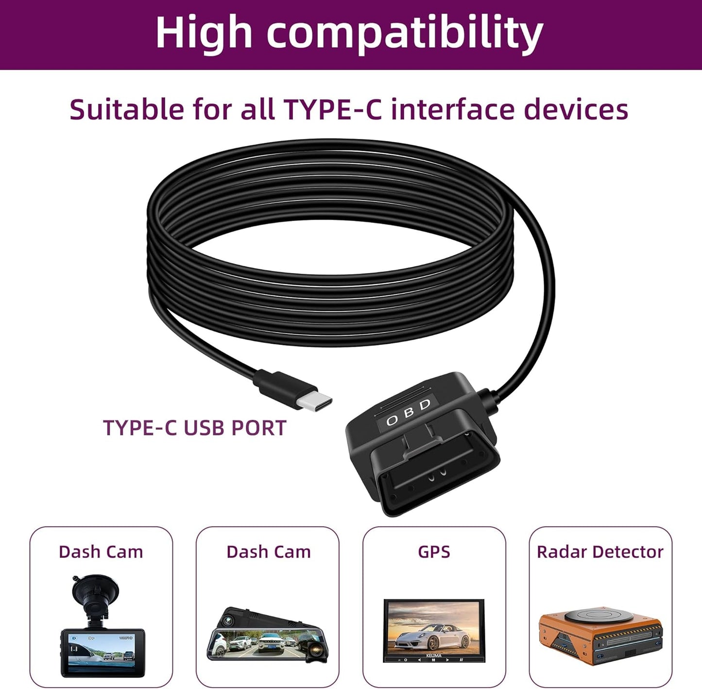 RIIEYOCA OBD2 24 (11.5FT/3.5M) Power Cable for Dash Cam,USB-C to OBD-II Hardwire Adapter with Switch Button Connector