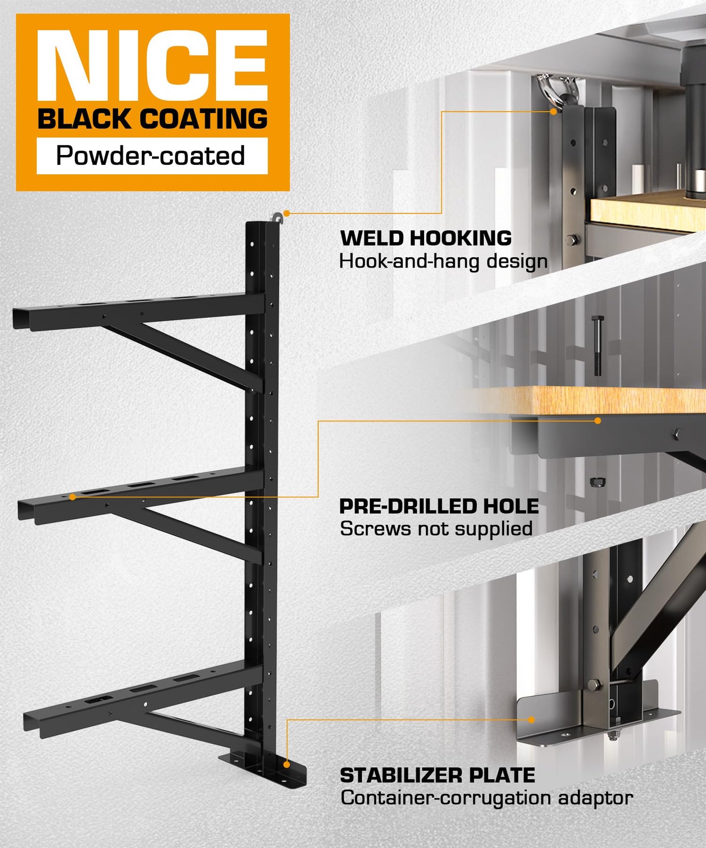 Autoholic Shipping Container Shelving Rack Container Hanging Shelf Brackets Adjustable Rack Fit for 12in 24 in Lumber Efficient Storage Space No-drill Installation Vertical Storage