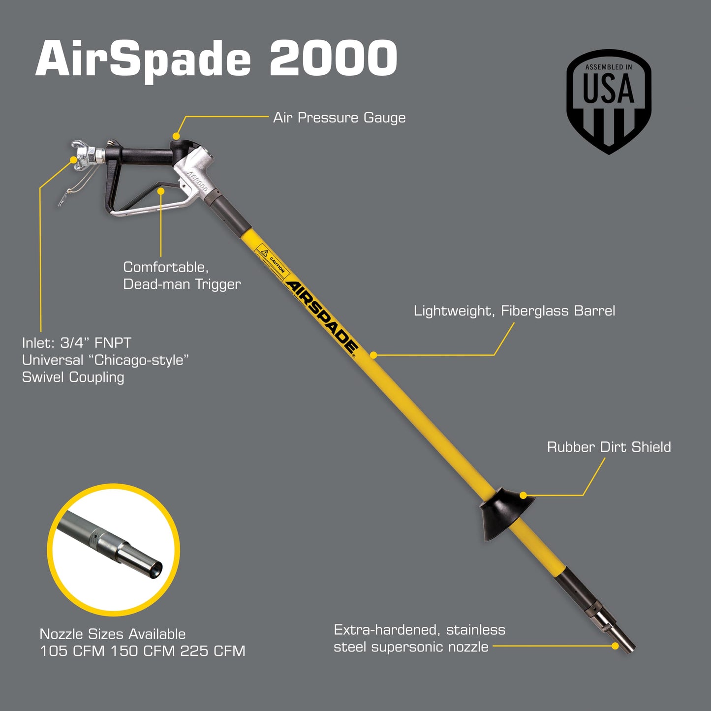 AirSpade 2000 225 CFM Air-Excavation Tool, w/ Supersonic Nozzle and Dead-man Trigger, 4 Foot Barrel, Rugged Lightweight Construction (HT138 )