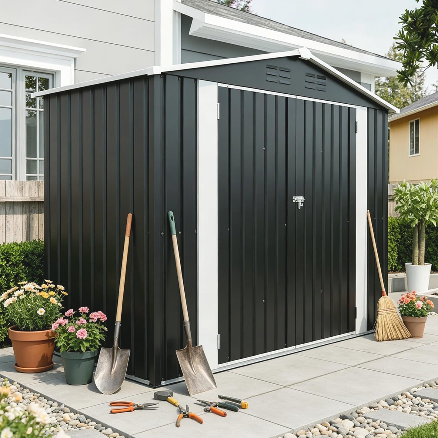 KEIKI 8x4 FT Outdoor Metal Storage Shed with Lockable Door, Heavy Duty Galvanized Steel Garden Tool Shed with Sloped Roof and Air Vents, Weatherproof Backyard Organizer for Patio Lawn, Black