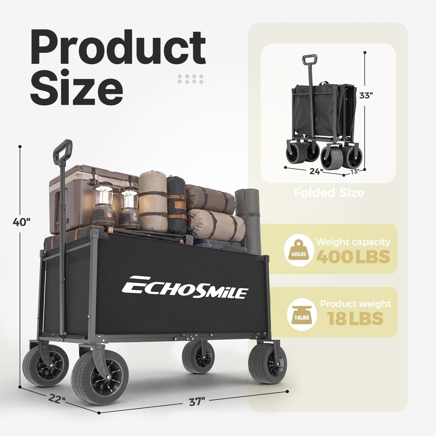 EchoSmile Collapsible Wagon Cart for Camping & Beach - Heavy Duty 400lbs Capacity All-Terrain Cart with Wide Wheels, Portable Folding Utility Wagon for Grocery, Garden, Sports,Black