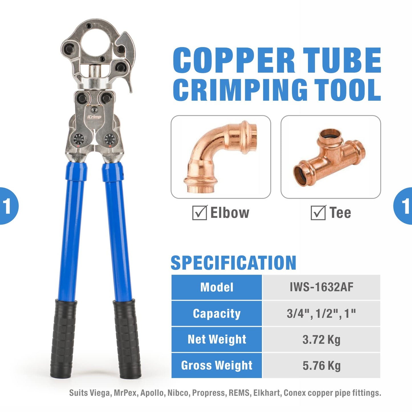 iCrimp IWS-1632AF Copper Press Tool for 1/2'', 3/4'', 1'' Viega ProPress Copper Fittings