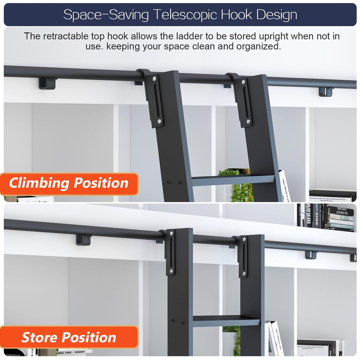 HARDJULAN 87" Black Sliding Library Ladder with 4FT Hook Track – Lightweight Aluminum Rolling Ladder with Braking Wheels, Space-Saving Rail Mounted Ladder System for Home Library, Closet & Storage