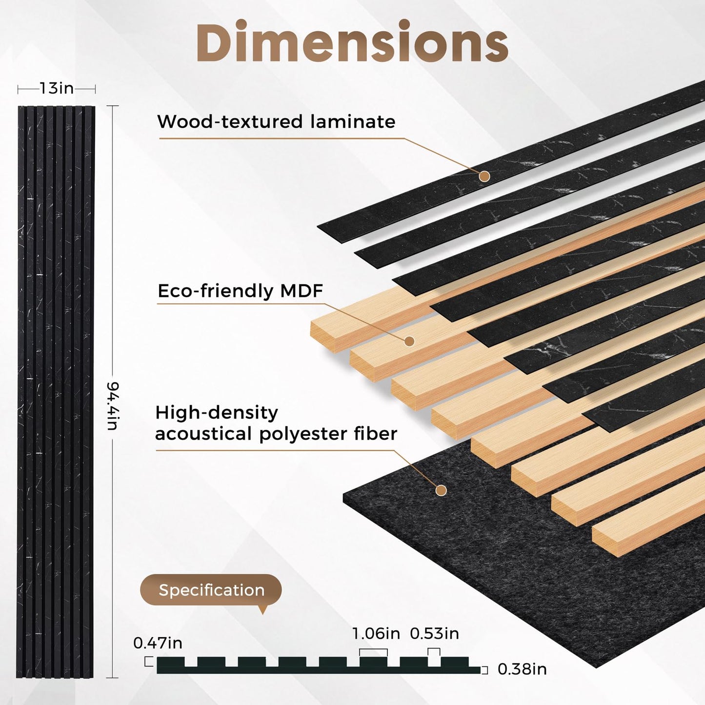 Wood Wall Panels for Interior Wall Decor, 2 Pack 94.5"x12.6"(16.5ft²) Wood Slat Acoustic Panels, Soundproof Panels for Noise Cancelling and Decoration, Living Room, Bedroom, Office, Black Marble