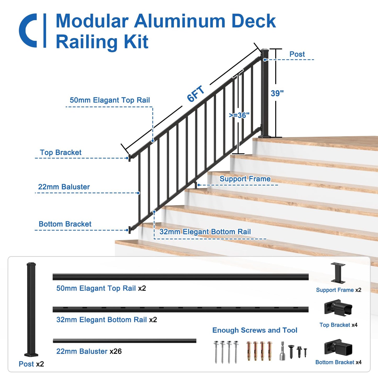 CKE 36 in. H x 6 ft. W Porch and Deck Railing Kit with Post, Aluminum Stair Railing Kit Outdoor, AAMA 2604 Textured Matte Black Stair Railing System for Decks, Porches & Balconies(2 Post, 2 Panel)