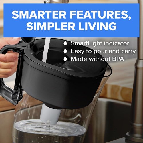 Brita Large Water Filter Pitcher - 10-Cup Capacity, BPA-Free, SmartLight Indicator, Stretch Limo Black