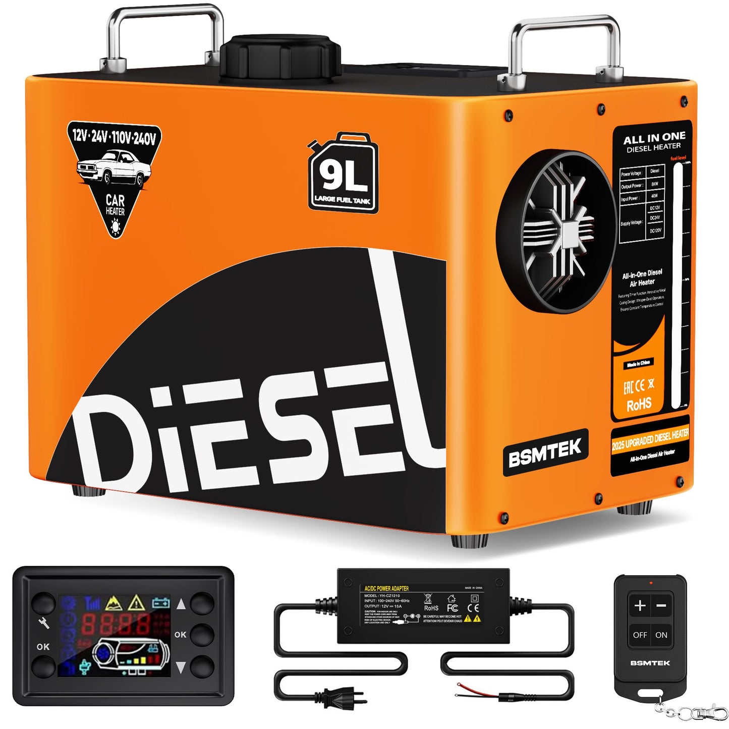 9L Large Diesel Heater, 8KW 240V/110V/12V/24V All in One Diesel Air Heater with LCD Switch, Remote Control, Suitable for Truck, RV, Home, Car, Campers, Boat, Orange