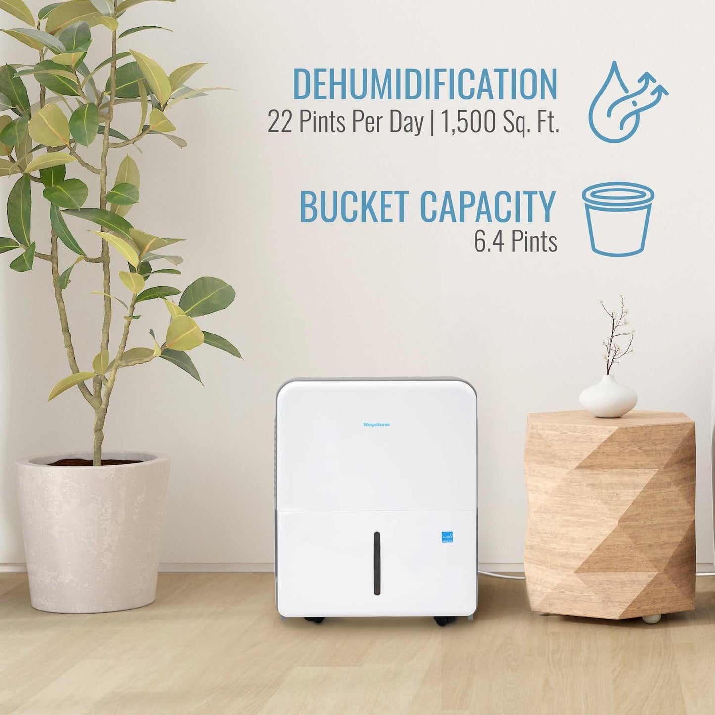 Keystone Energy Star 22-Pint Portable Dehumidifier for Large Rooms up to 1,500 Sq.Ft. with Auto-Shutoff & Timer, Quiet and Moisture Absorber For Basement, Garage, Living Room