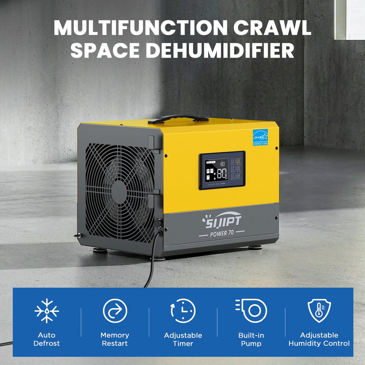 70 Pint Crawl Space Dehumidifier with Energy Star & Pump & Drain Hose for Basement, Commercial, Whole House, Industrial, Water Damage Restoration, Spaces Up to 2000 Sq Ft, Auto Defrost,Memory Restart