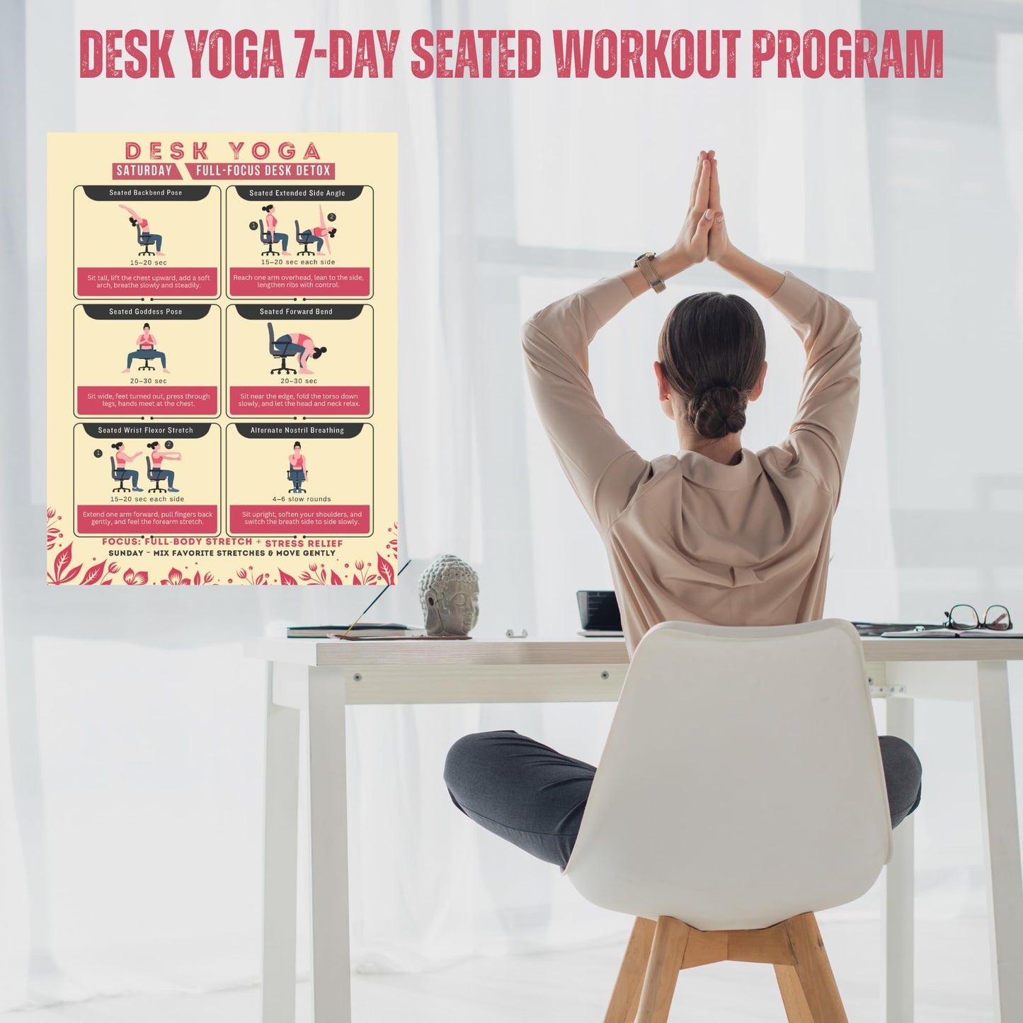 Auroscent Desk Yoga 7-Day Seated Stretching Routine – Chair Yoga Workout Charts, Office Exercise Program for Neck, Shoulders & Back, Daily Mobility & Stretch Guide for Home or Work
