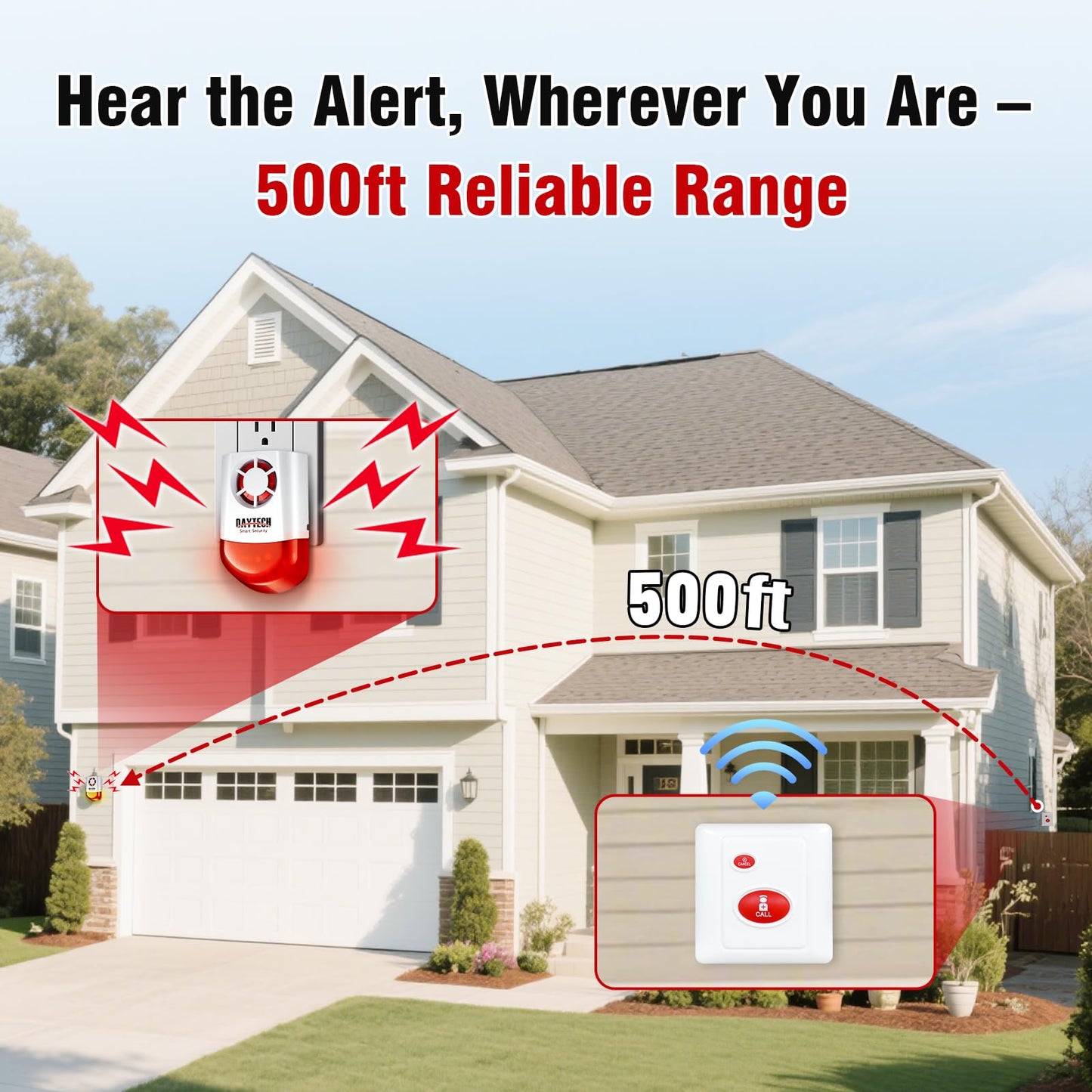 Daytech Strobe Siren Alarm Home Caring Loud Outdoor SOS Alert System 2 Red Flashing Siren 2 Remotes Panic Button 4 Emergency Button for Store Home Hotel Jewelry Shop Security Alarm