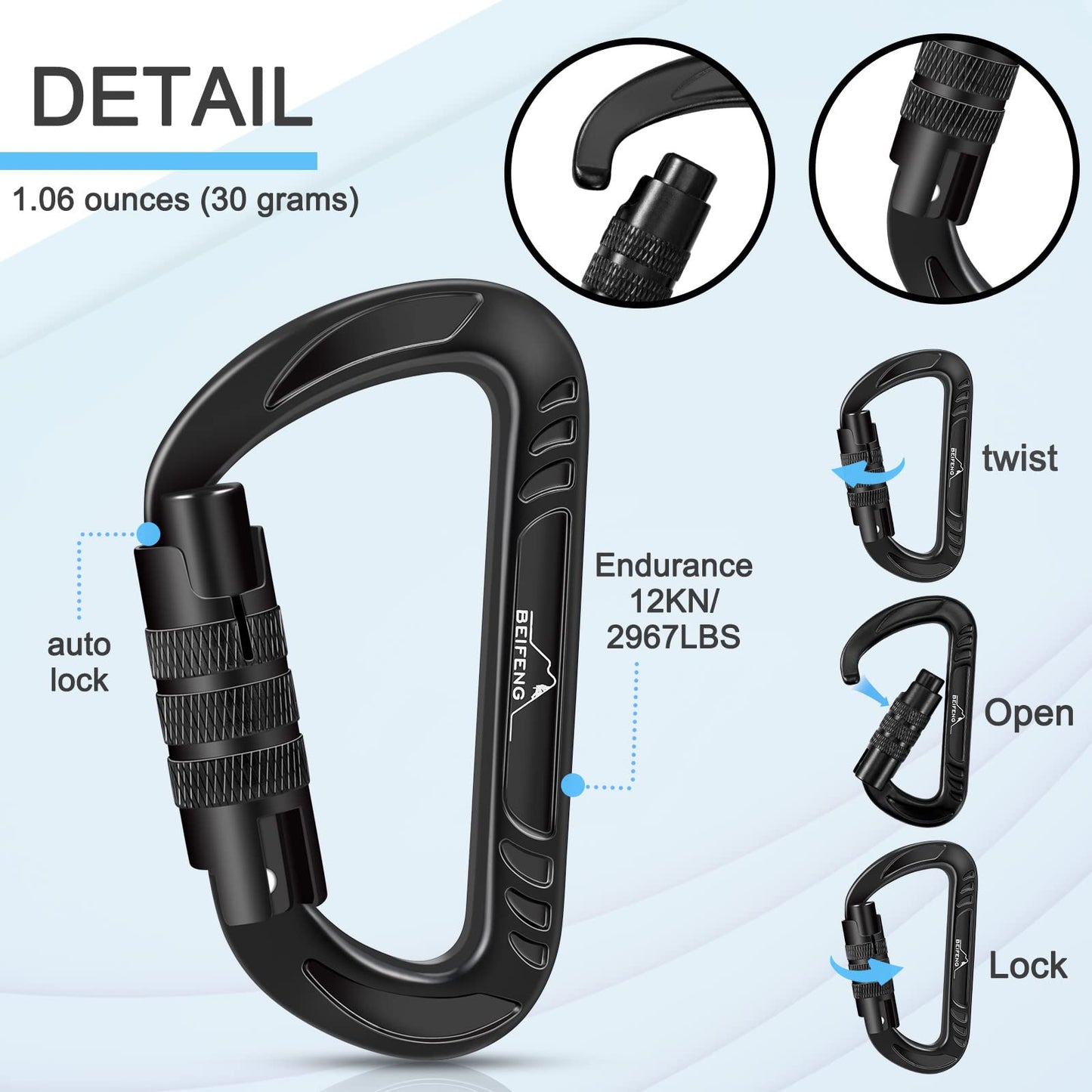 BEIFENG Heavy Duty Lightweight Locking Carabiner Clips D Ring for Camping Hiking Outdoor Gym etc, Carabiner with Lock Small Carabiners for Dog Leash & Harness (Auto Locking Black-4Pcs)