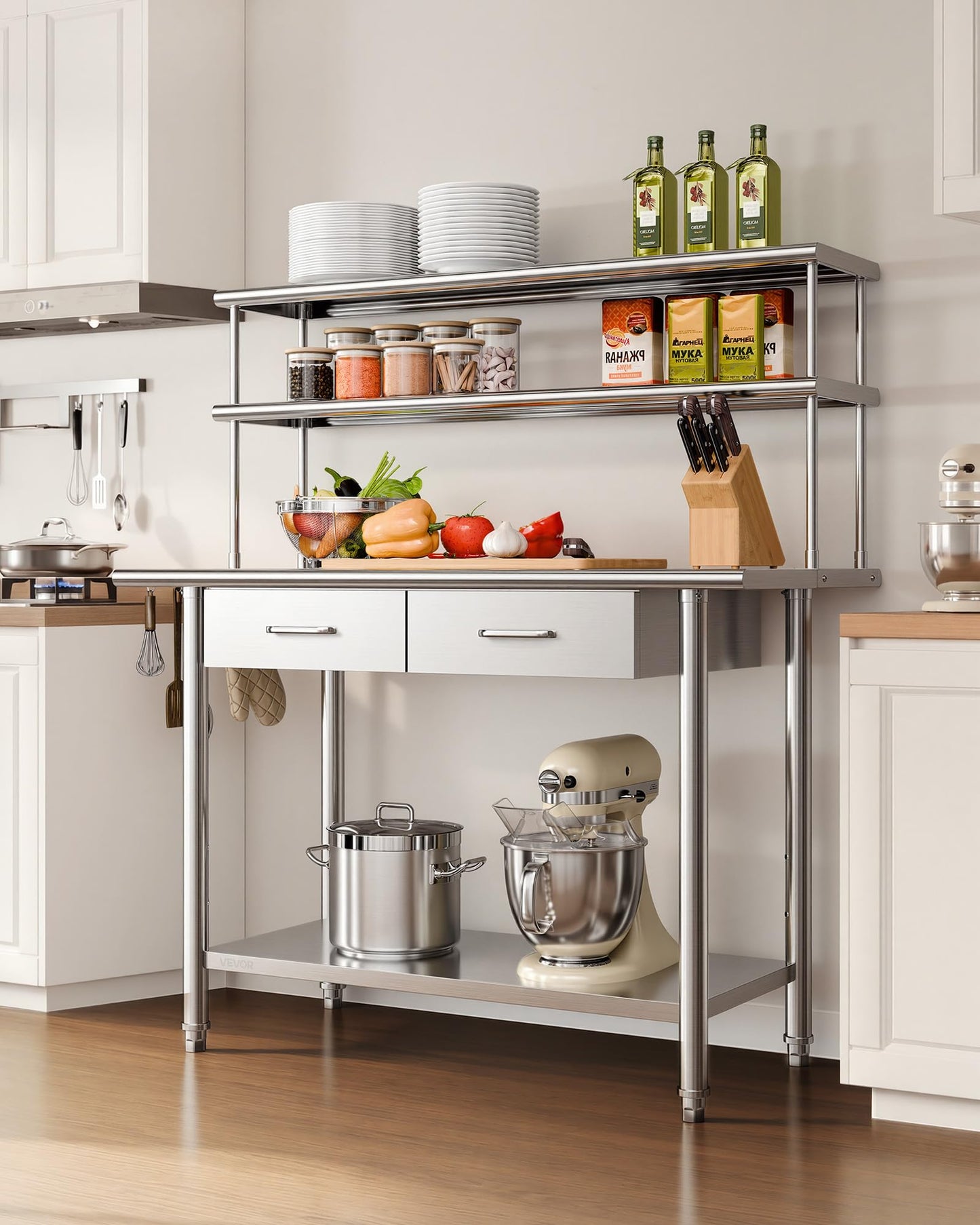 VEVOR Stainless Steel Work Table, 24x48 Inch Food Prep Table with Overshelves and 2 Drawers, Commercial Kitchen Workstation with Adjustable Undershelf, Metal Utility Worktable, for Restaurant Garage