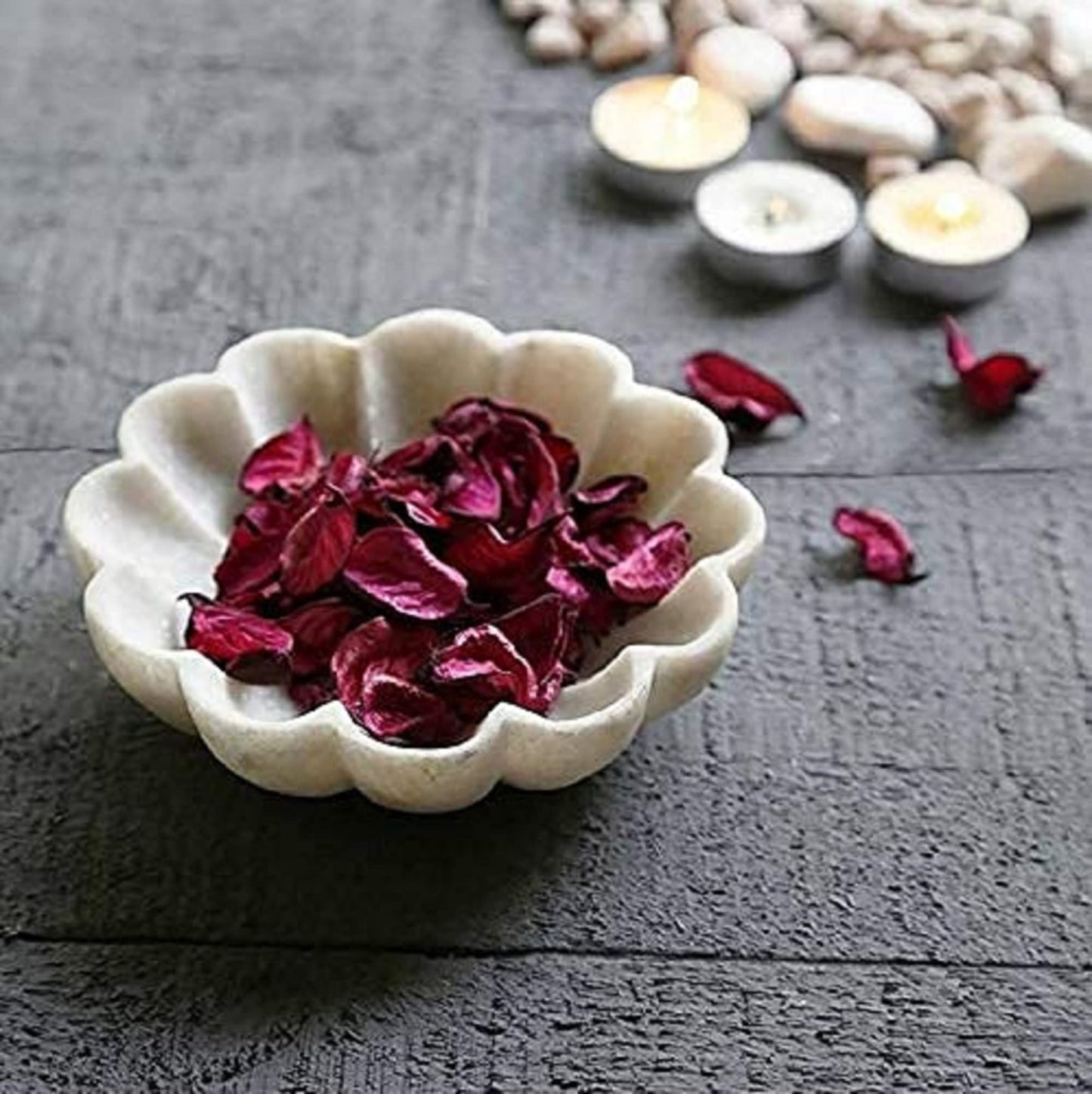 PUSHPA EXPORTS Handcrafted Marble Decorative Bowl Ripple Marble Bowl White Marble Flower Bowl Decorative Marble Scallop Bowl Ruffled Marble Bowl Ring Dish (3 inch)