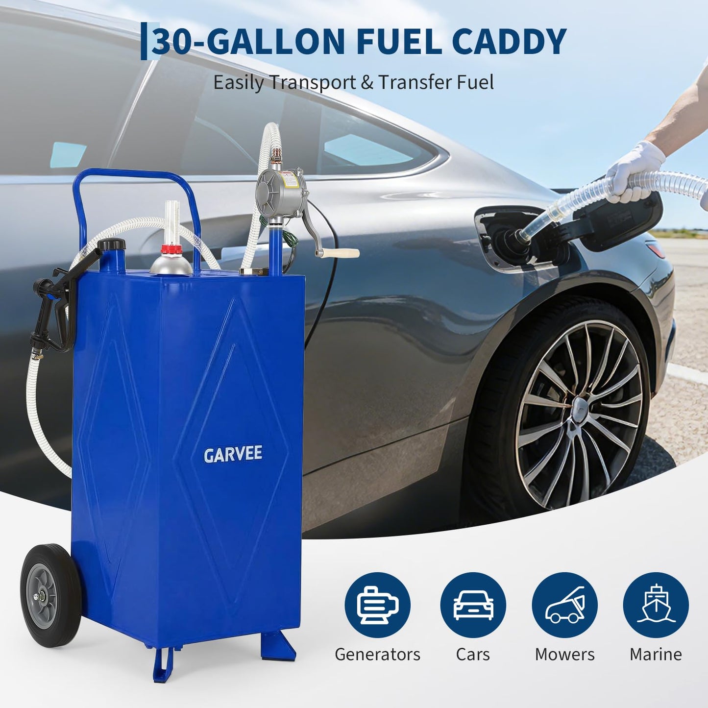 30 Gallon Fuel Gas Caddy Storage Tank, Portable Gas Caddy with Wheels, Manual Rotary Transfer Pump, Fuel Hose, Wide Fill Opening, Vent and Level Gauge, Mobile Gasoline Diesel Transfer Tank for ATV, Mower, Tractor, Car, Boat