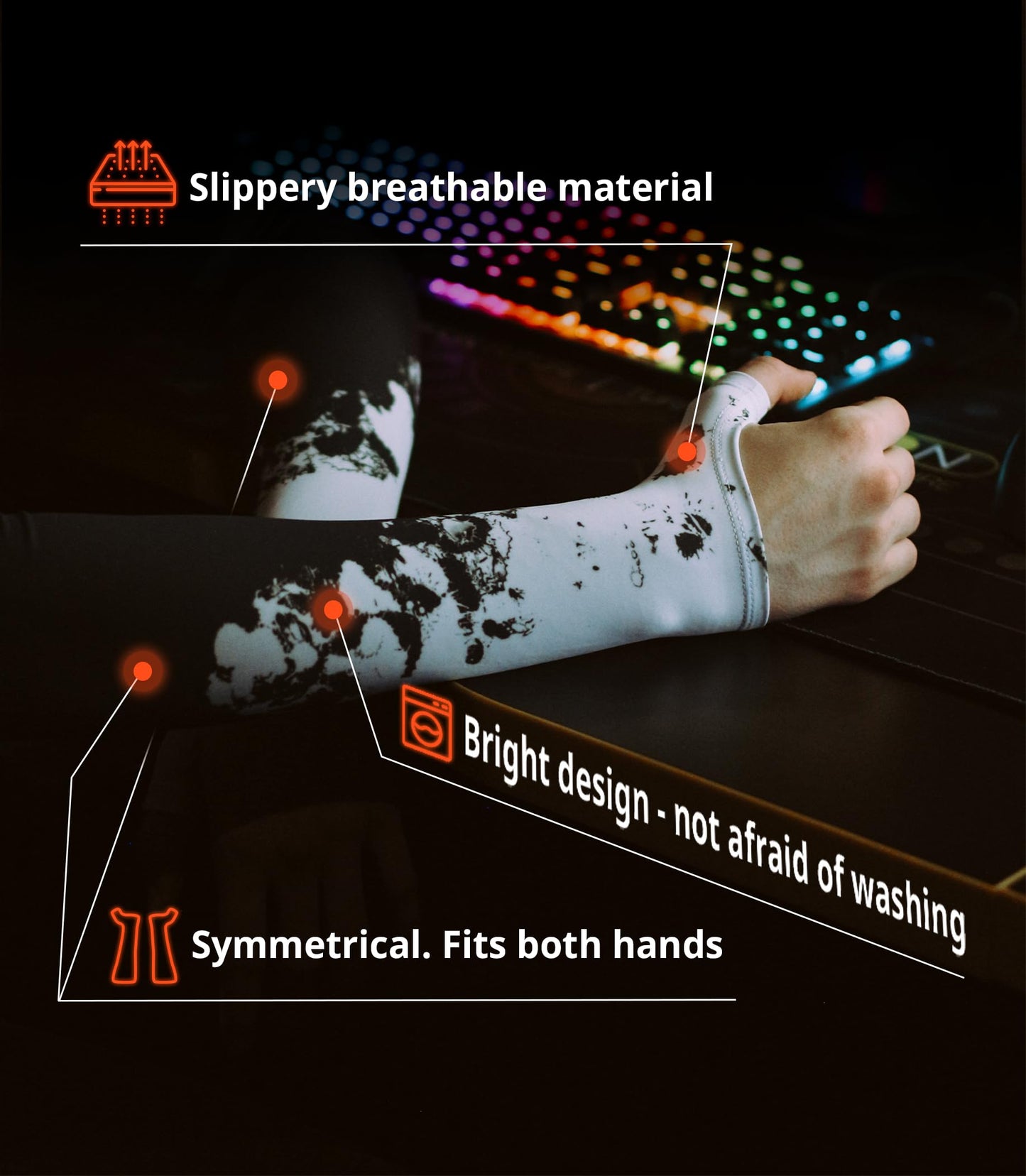 Selerity Gaming Arm Sleeve PC Sport open glove thumb hole compression esports gamers sleeve Paints Spray, White Black, Medium