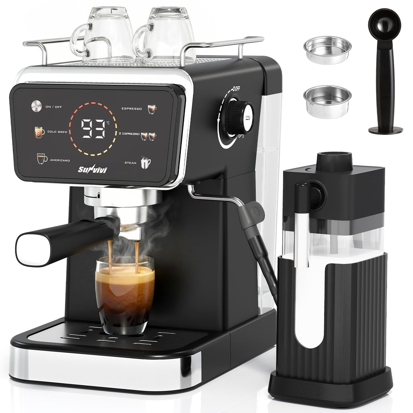 SUNVIVI 20 Bar Espresso Machine for Home and Office, 3-in-1 Iced Coffee Maker with Milk Frother, Espresso Shot & Iced Coffee, LED Touchscreen, 52OZ Removable Water Tank, Professional Coffee Brewing