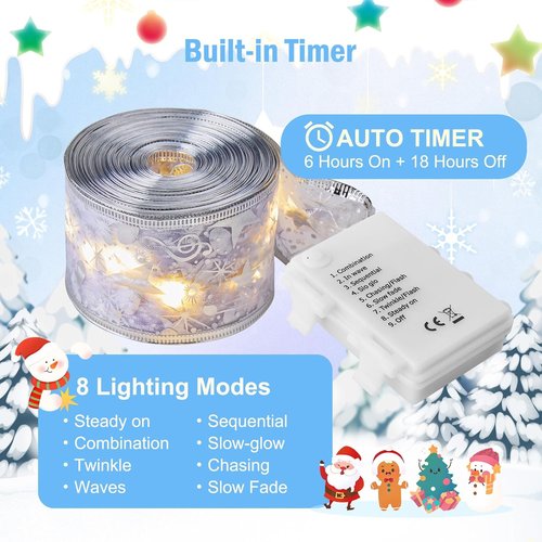 Minetom Christmas Tree Ribbon String Lights - 33ft 100 LED Battery-Powered Fairy Lights with Timer