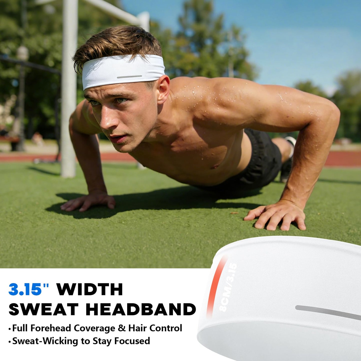 Sukeen Lightweight Sports Headbands for Men, Moisture Wicking Sweat Bands Headbands Non-Slip, Reflective Elastic Mens Headband for Running, Cycling, Gym, Fitness, Sports, White